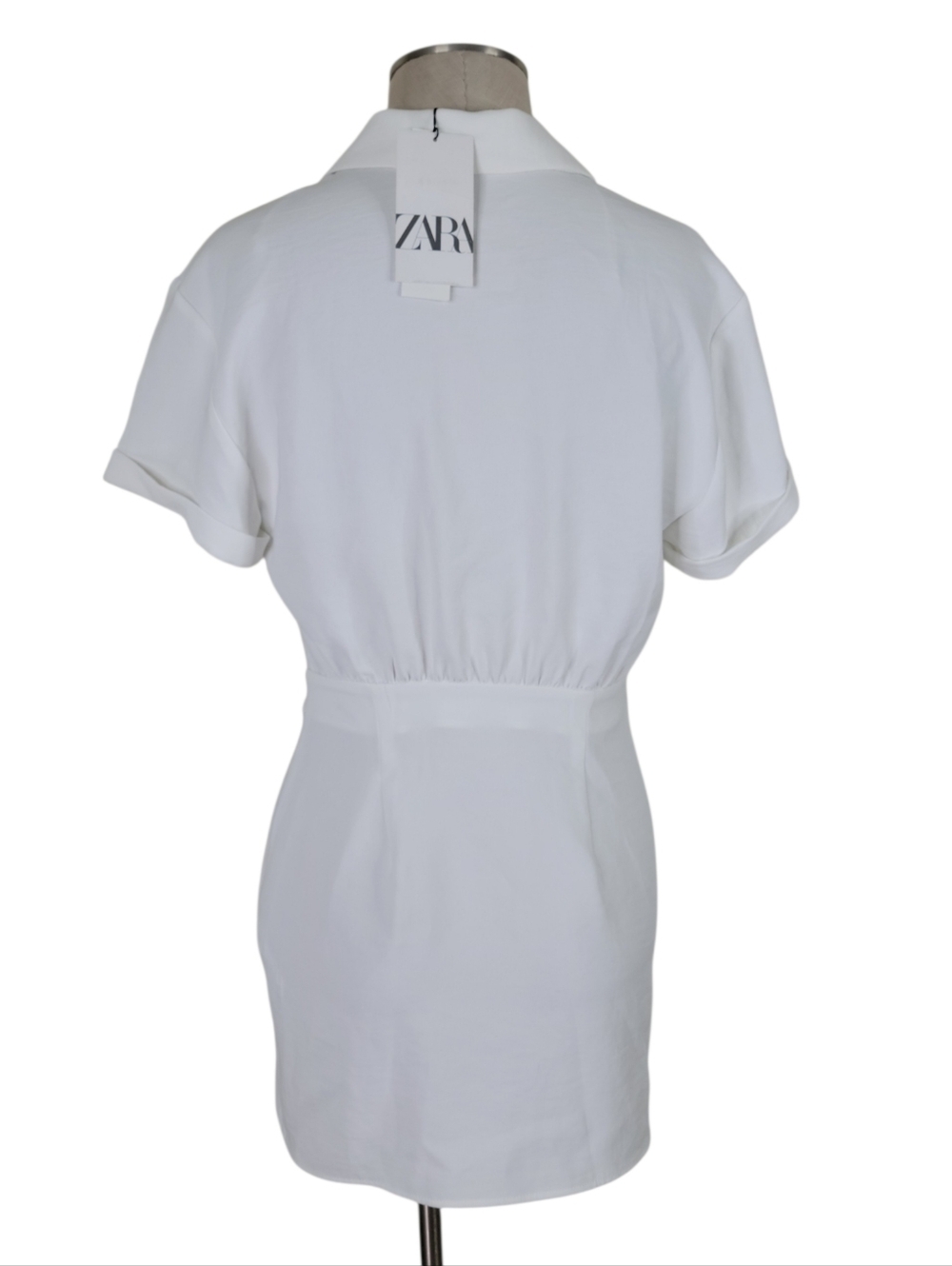 Zara Mini Wrap Dress Size S White V Neck Lapel Collar Textured Cuffed Sleeve New - Picture 5 of 13